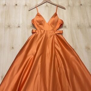 Jules & Cleo Dress Womens 6 Orange Satin Cutout V Neck Maxi Gown Side Slit